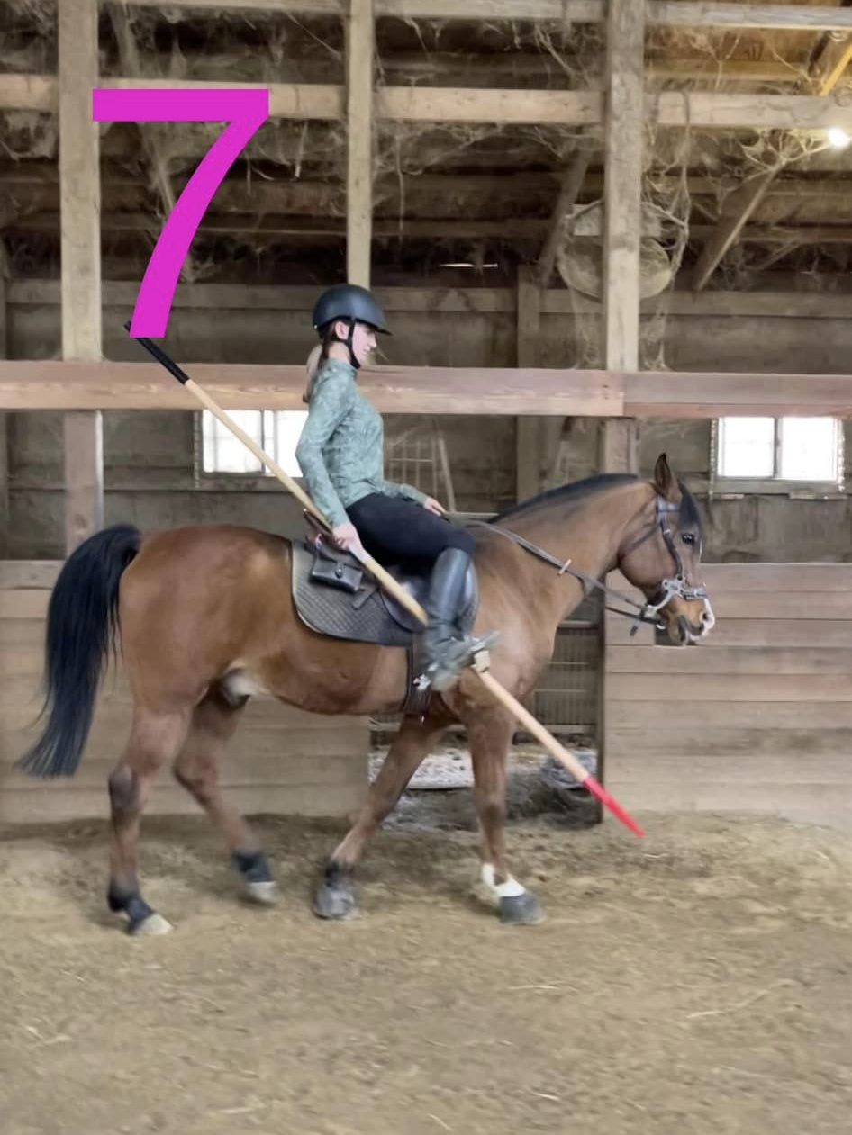Horseback rider tucking a lance under her leg.