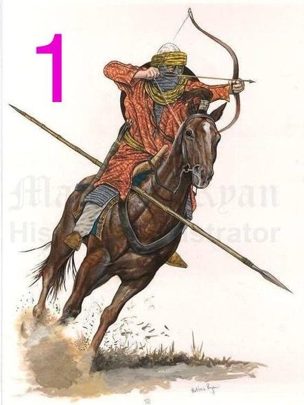 Illustration by Matthew Ryan of a Mamluk warrior on a cantering horse shooting a bow with a thumb ring while holding a lance under his leg.
